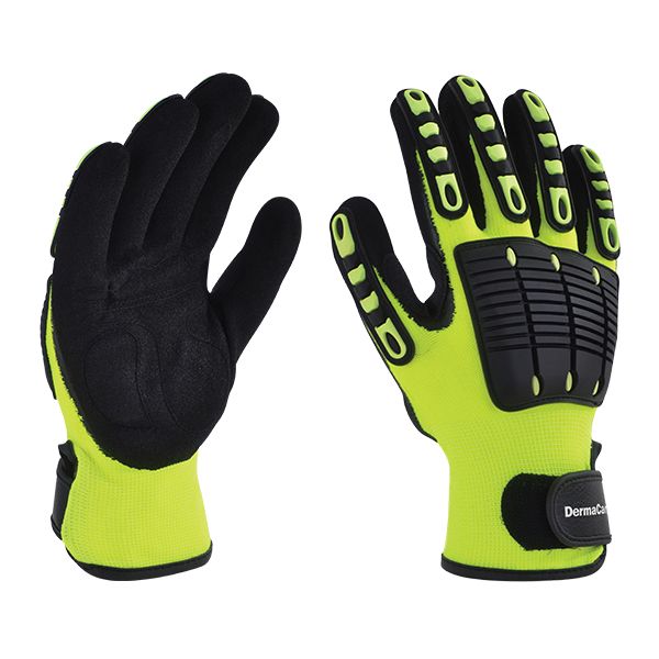 Guantes anti impacto de nylon fluorescente, de pvc y nitrilo. Modelo 51-840, marca Dermacare, Talla 7.